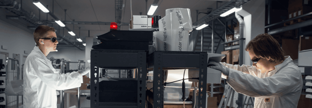 Worker operating machinery indoors – Tangen manufacturing site.